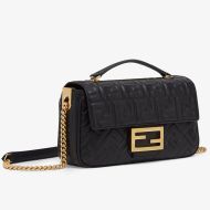 Fendi Baguette Chain Midi Bag In FF Motif Nappa Leather Black