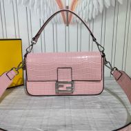 Fendi Medium Baguette Bag In Tiffany Crocodile Leather Pink