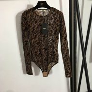 Fendi Bodysuit Women FF Fish-Eye Motif Tulle Brown