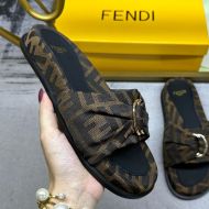 Fendi Feel Knotted Slides Unisex FF Motif Fabric Brown