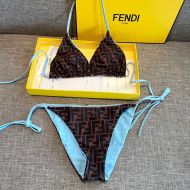 Fendi Reversible Triangular Bikini with Ties Women FF Motif Lycra Brown/Sky Blue