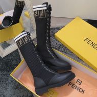 Fendi Rockoko High Combat Boots Women Leather with FF Stripes Stretch Fabric Black/White