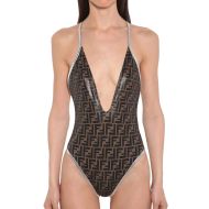 Fendi Crisscross Swimsuit Women FF Motif Lycra Brown/Silver